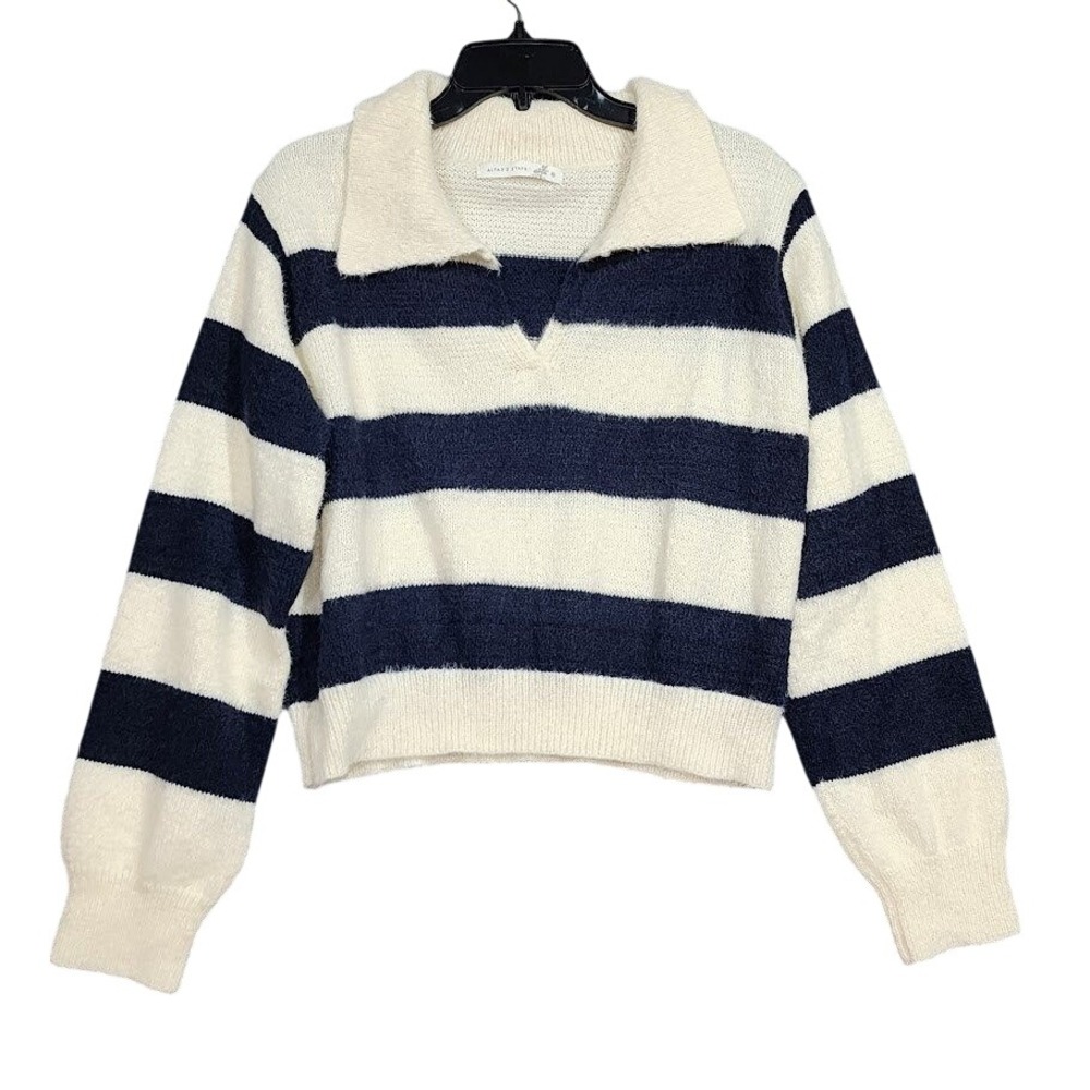 Altar'd State Cream & Dark Blue‎ Stripe Fuzzy Knit Cropped Collared Sweater XL